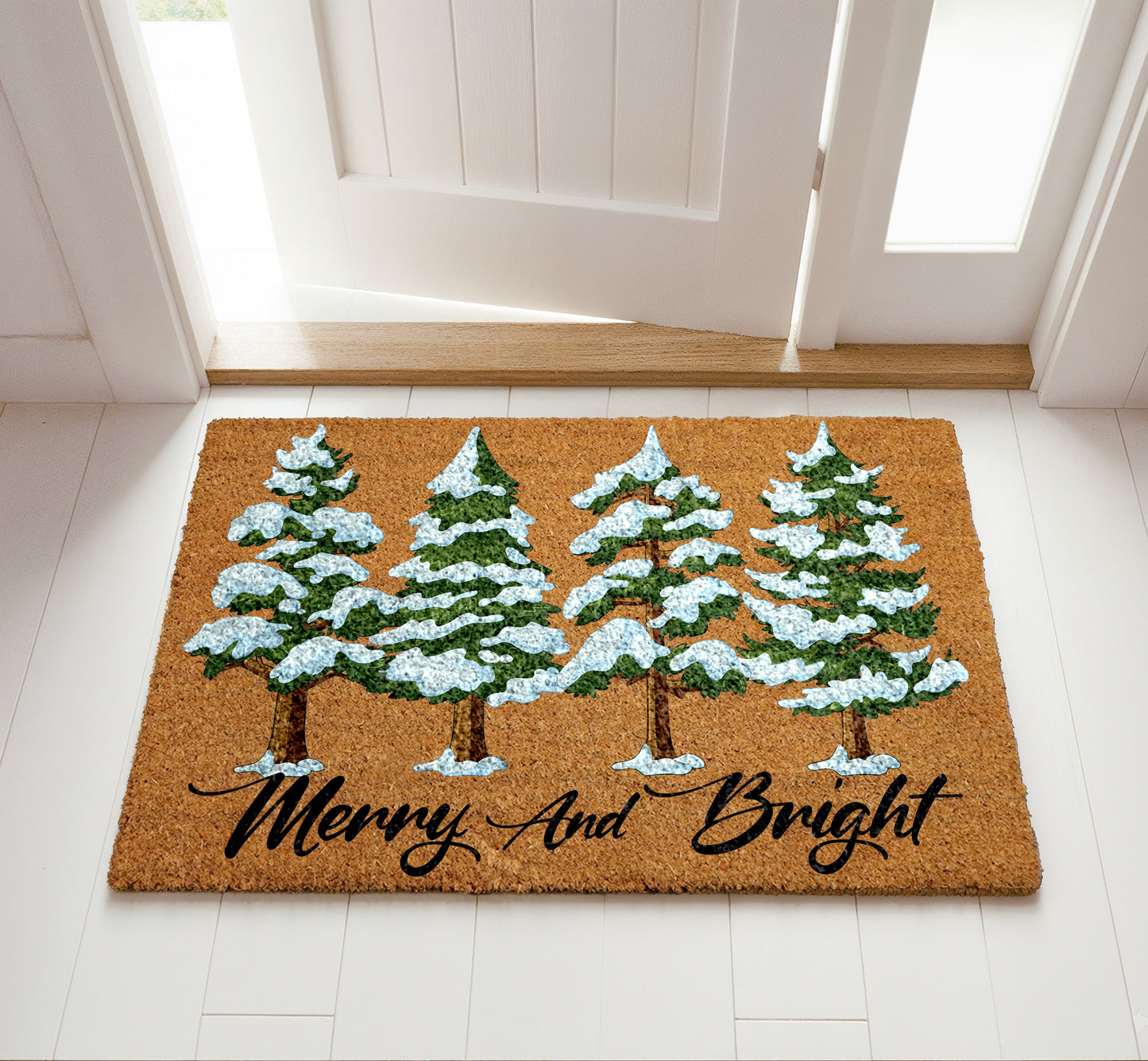 Snowy Pine Tree Welcome Mat, Festive Winter Front Porch Decor