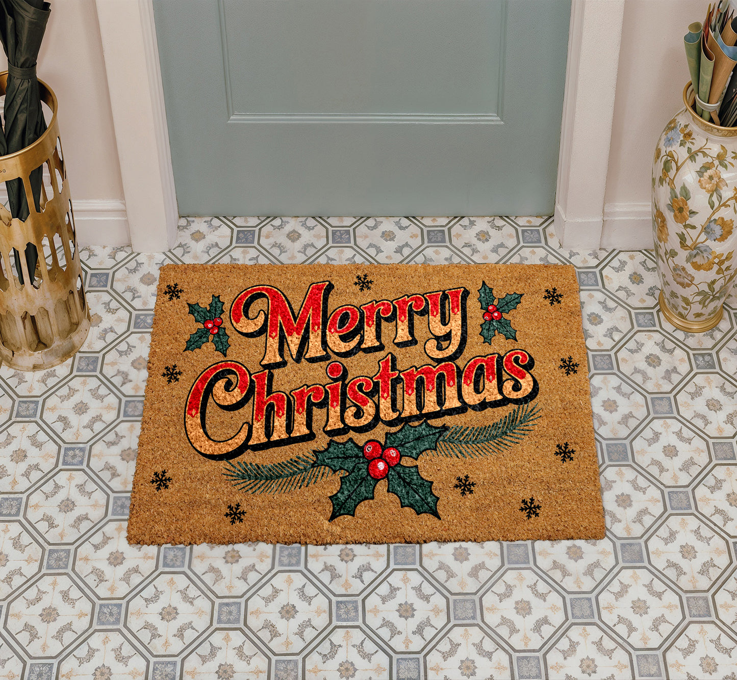 Holly Berry Xmas Welcome Mat, Festive Holiday Home Decor