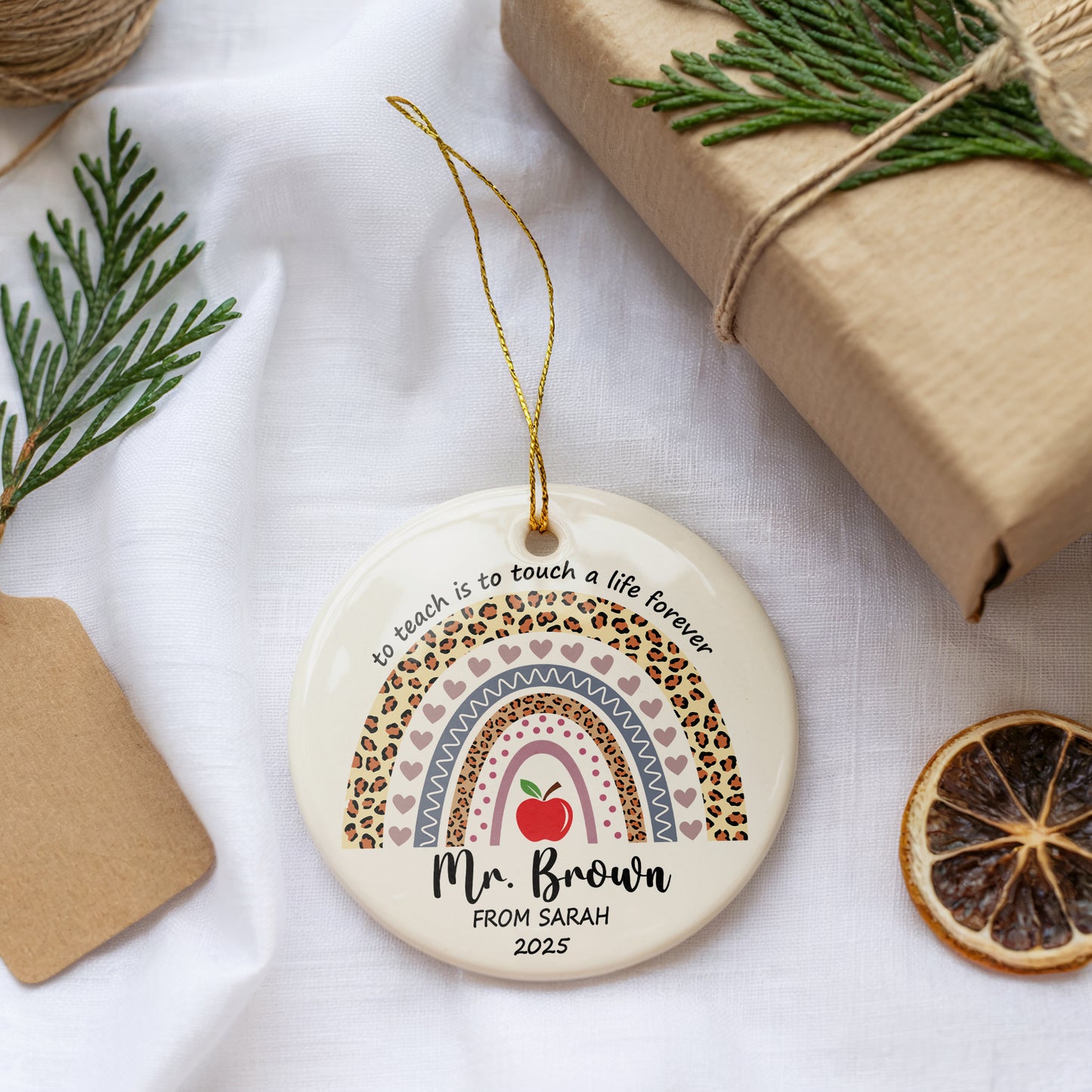 Rainbow Teacher Ceramic Ornament, Customizable Thank You Keepsake Souvenir