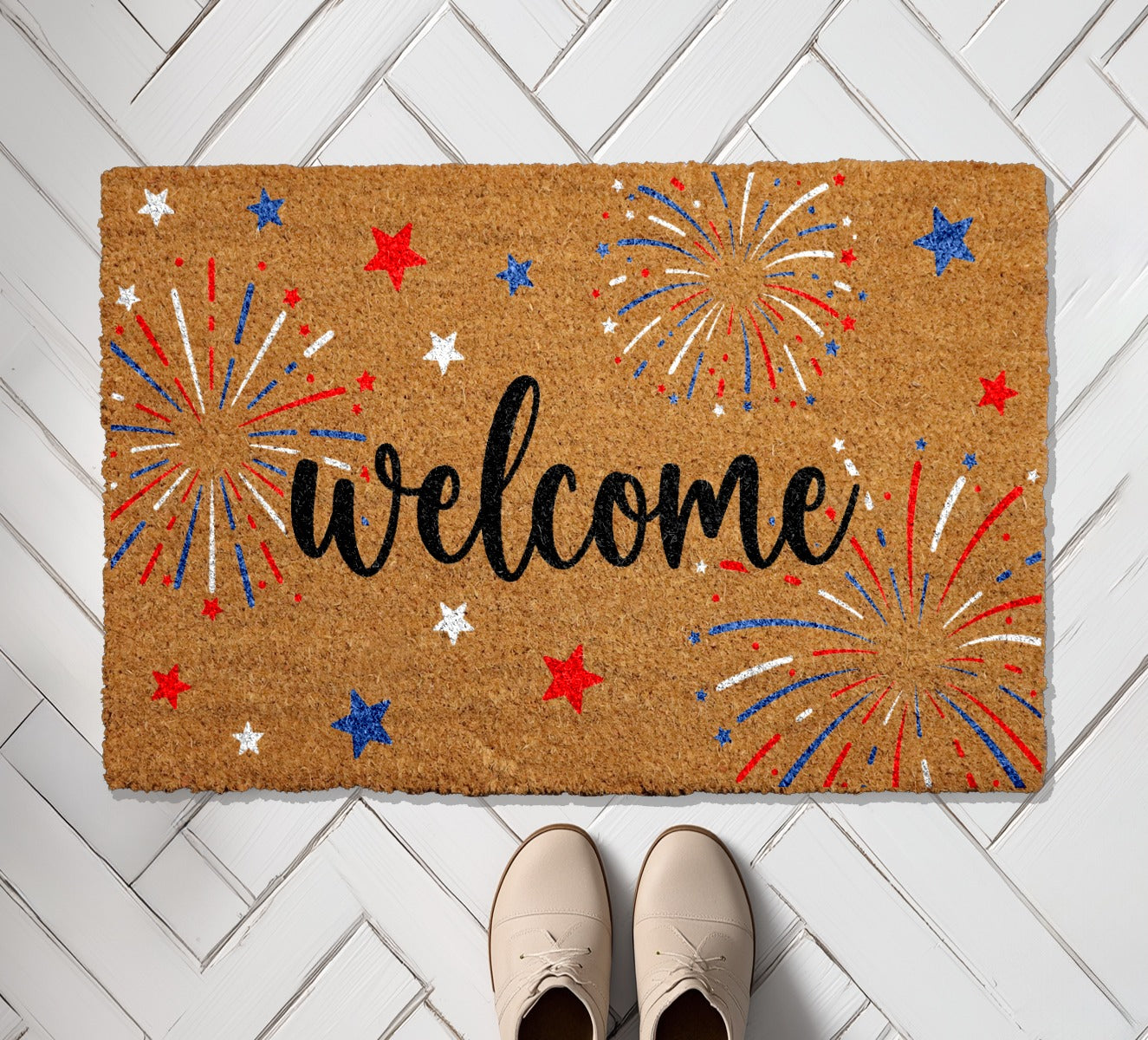 Welcome All with Patriotic Fireworks Doormat, Ideal American Housewarming Gift