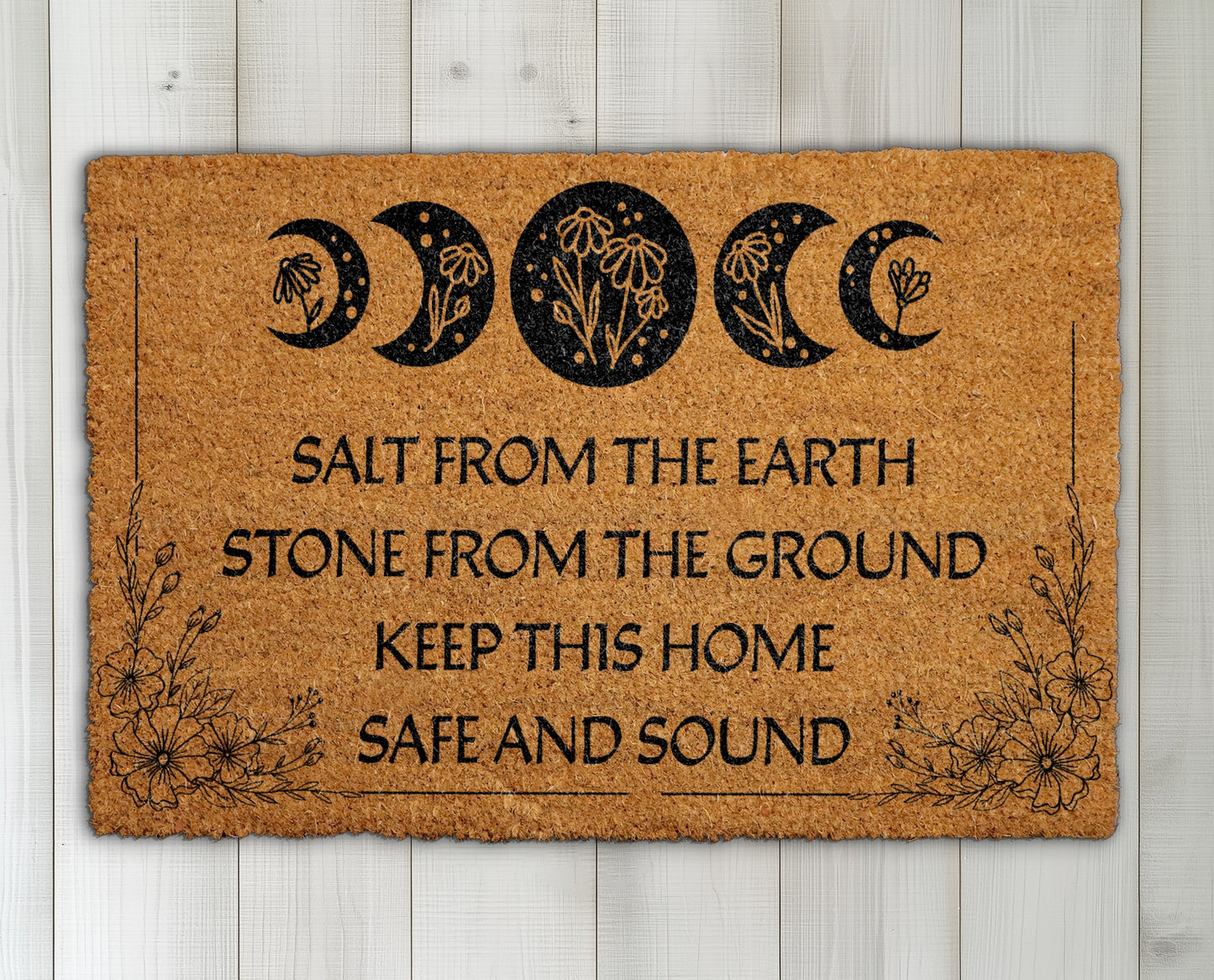 Witchy Welcome Mat, Floral Lunar Cycle Porch Rug for Home Protection