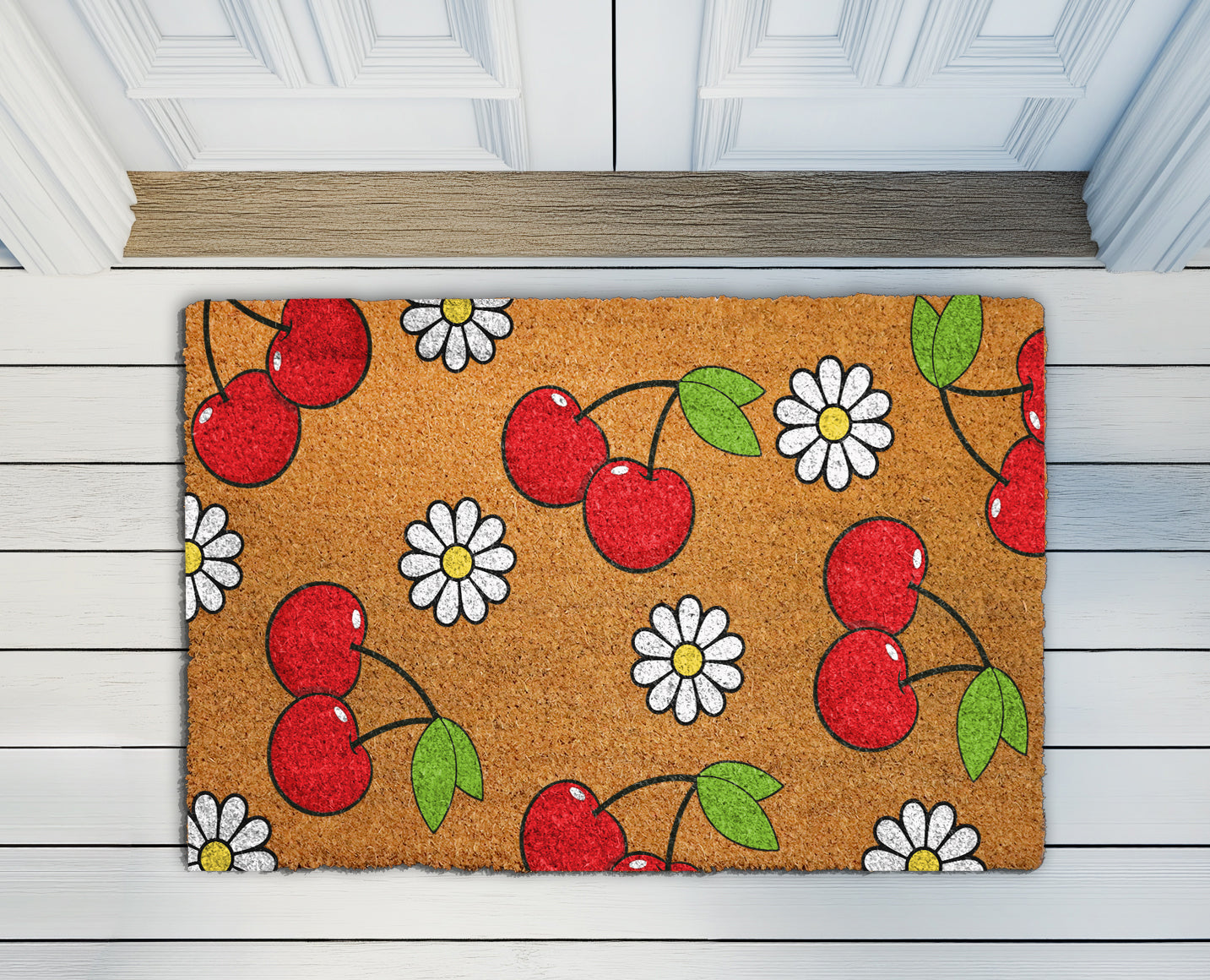 Cherry & Daisy Doormat: Sweet Summer Welcome, Unique Spring Decor