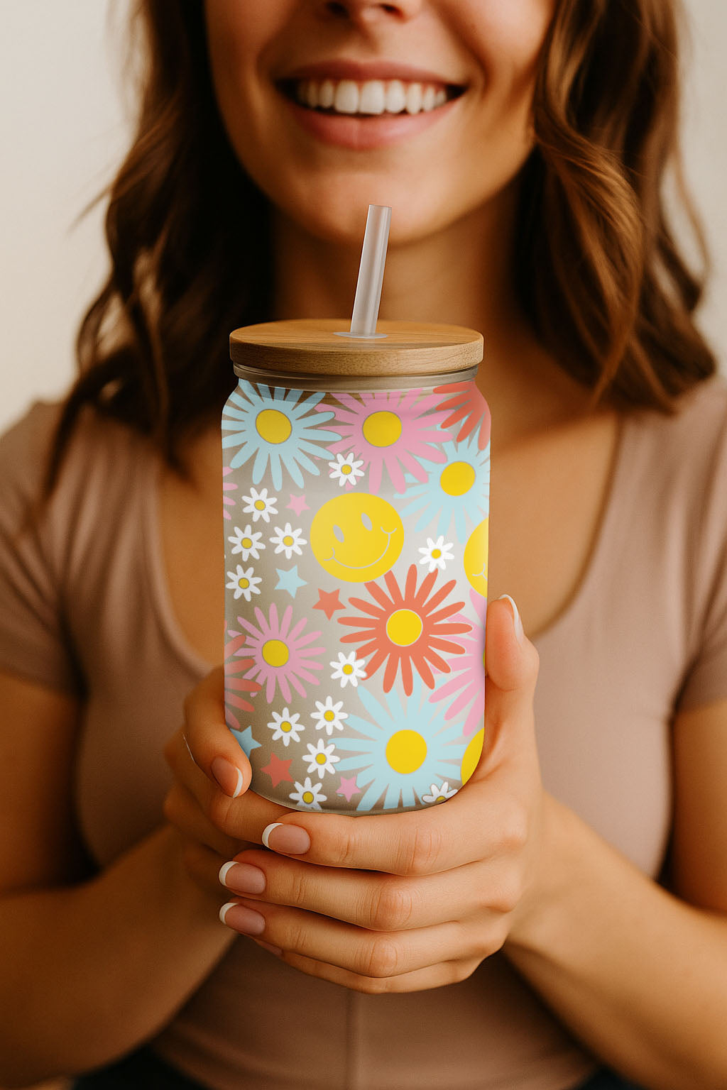 Colorful Daisy Glass Cup, Floral Smiley Tumbler, Aesthetic Iced Drinkware