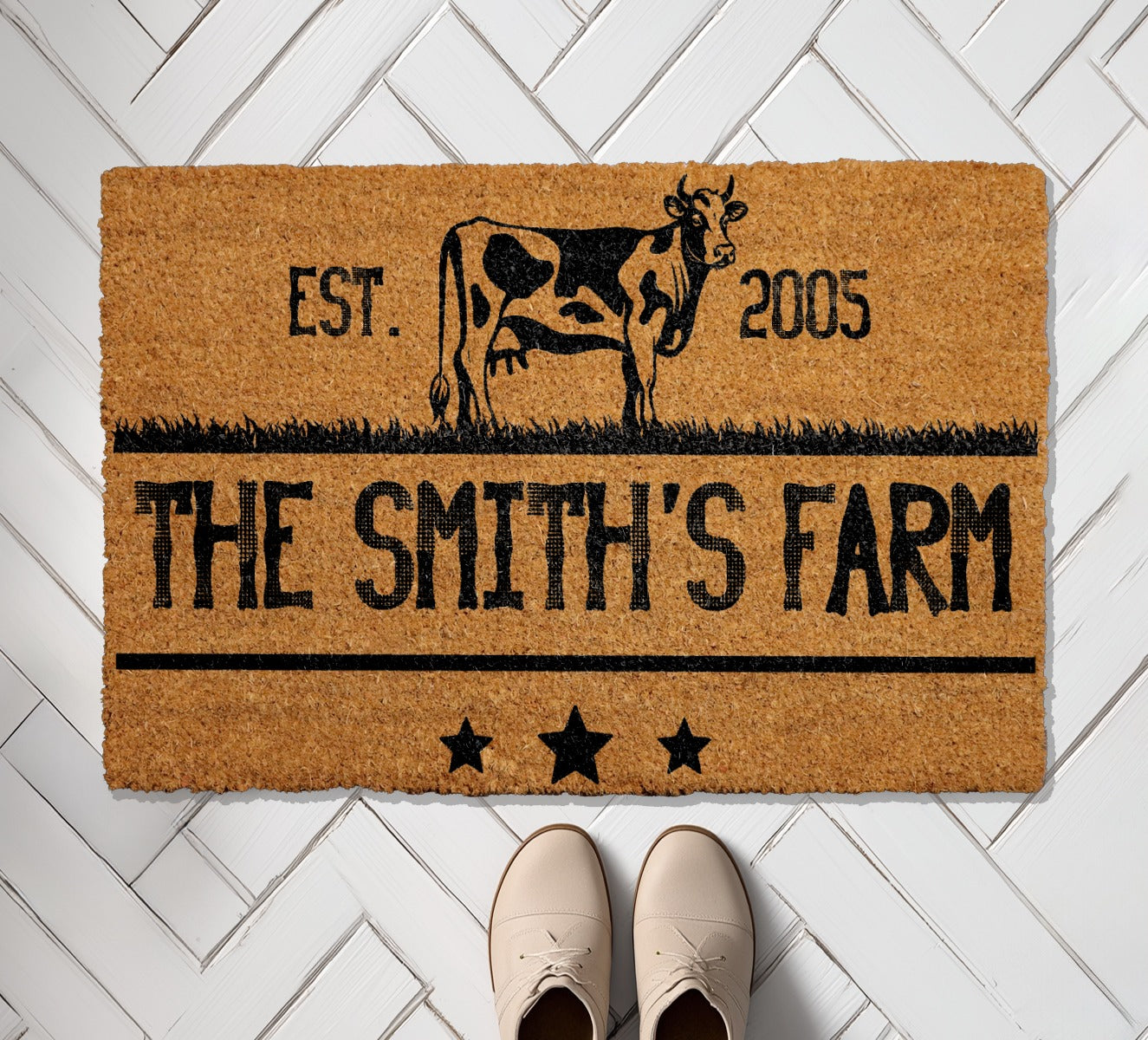 Custom Farmhouse Welcome Mat, Personalized Cow Farmer Gift, Ranch Decor
