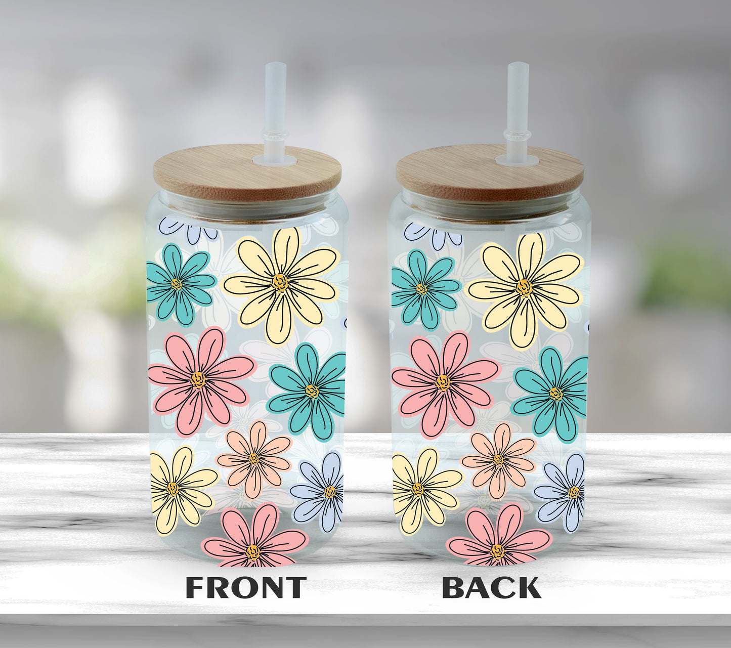 Boho Daisy Tumbler, Retro Floral Coffee Cup, Groovy Smoothie Glass