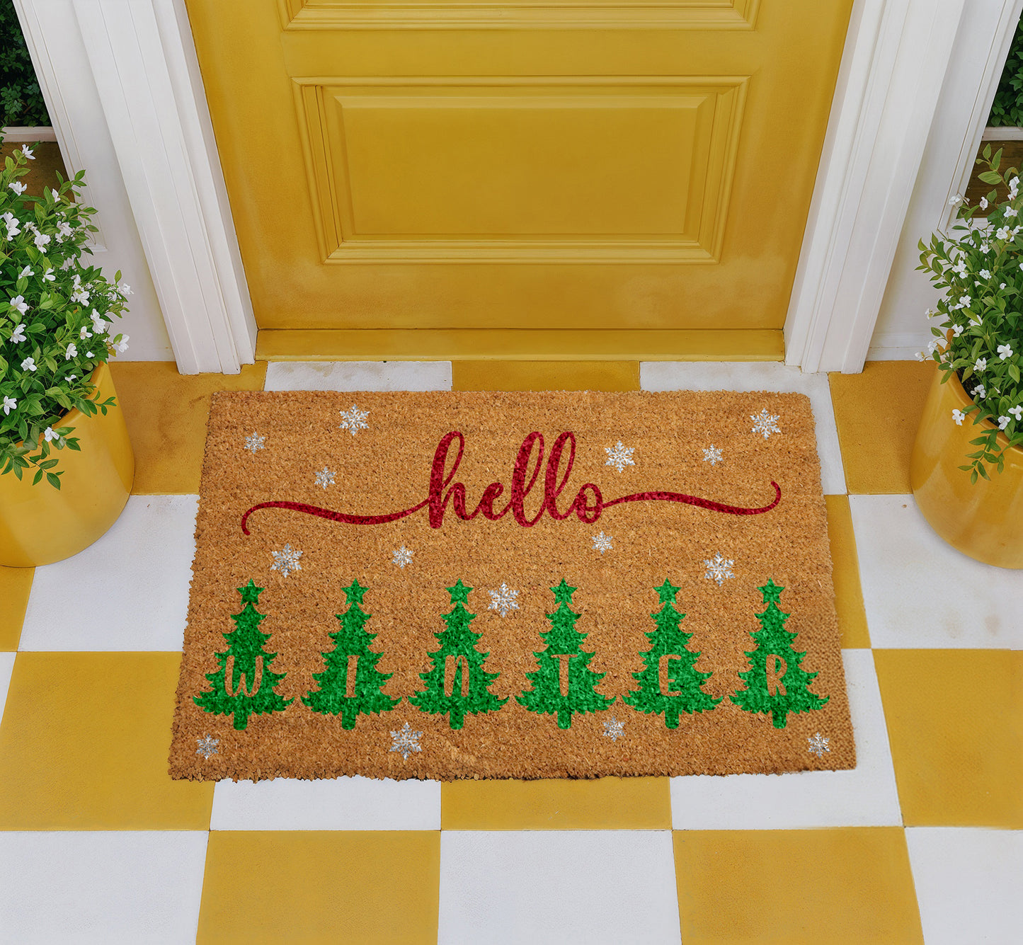 Snowflakes & Trees Welcome Mat, Festive Holiday Home Decor