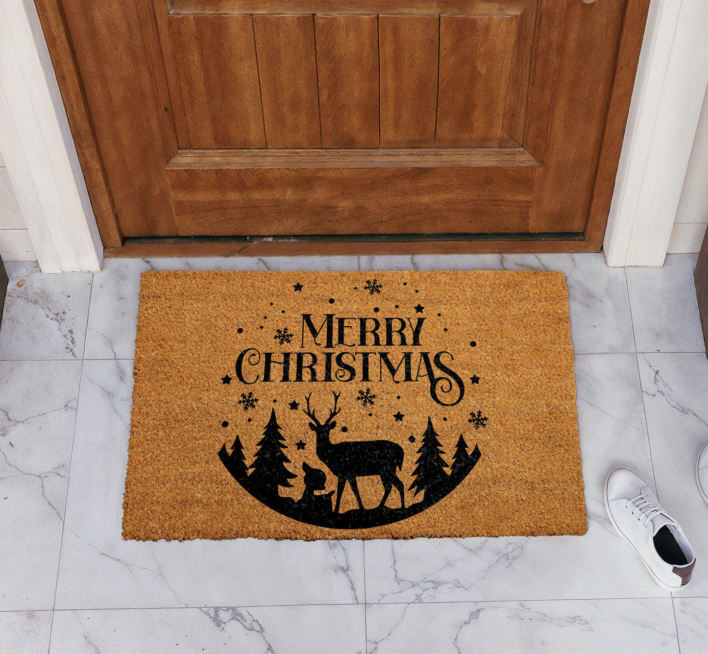 Festive Reindeer Doormat, Snowflakes Welcome Mat, Winter Wonderland Entrance Rug