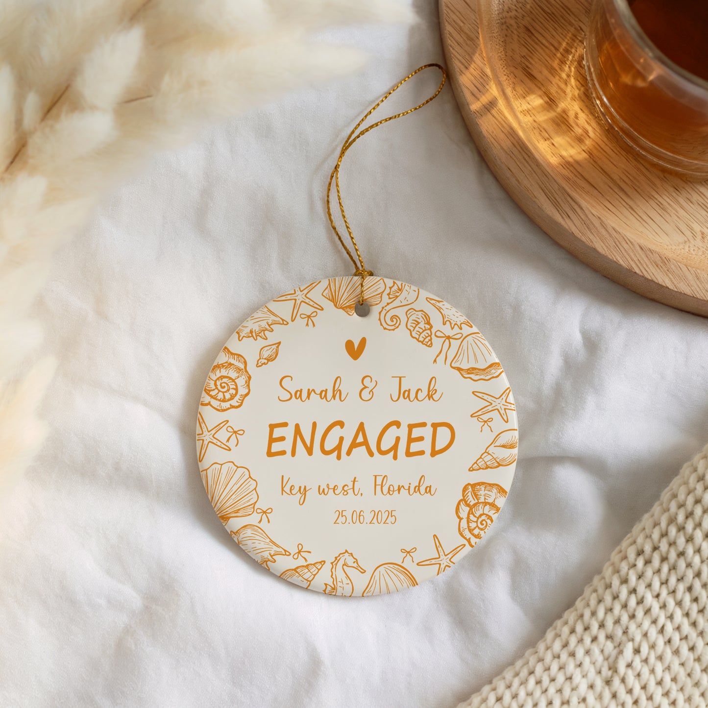 Personalized Coastal Design Engaged Ceramic Keepsake Ornament, Beach Souvenir