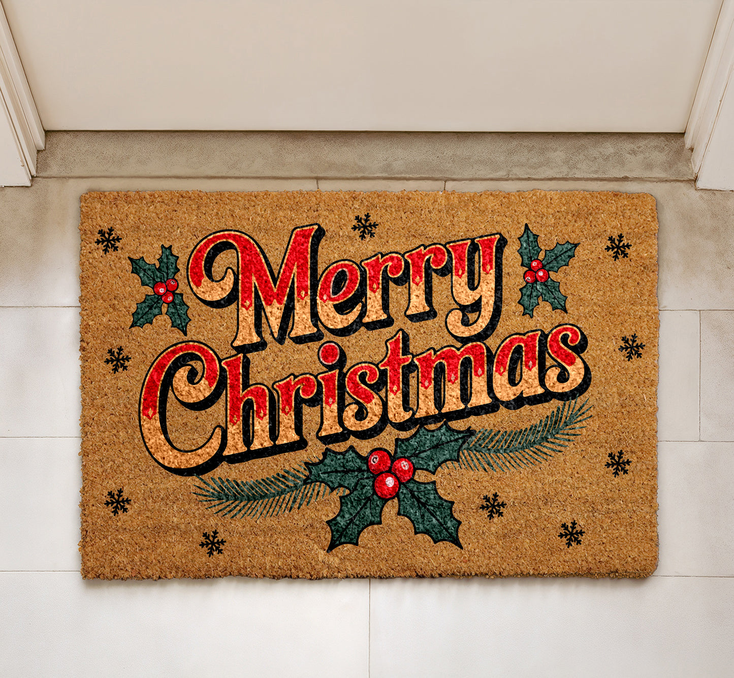 Holly Berry Xmas Welcome Mat, Festive Holiday Home Decor