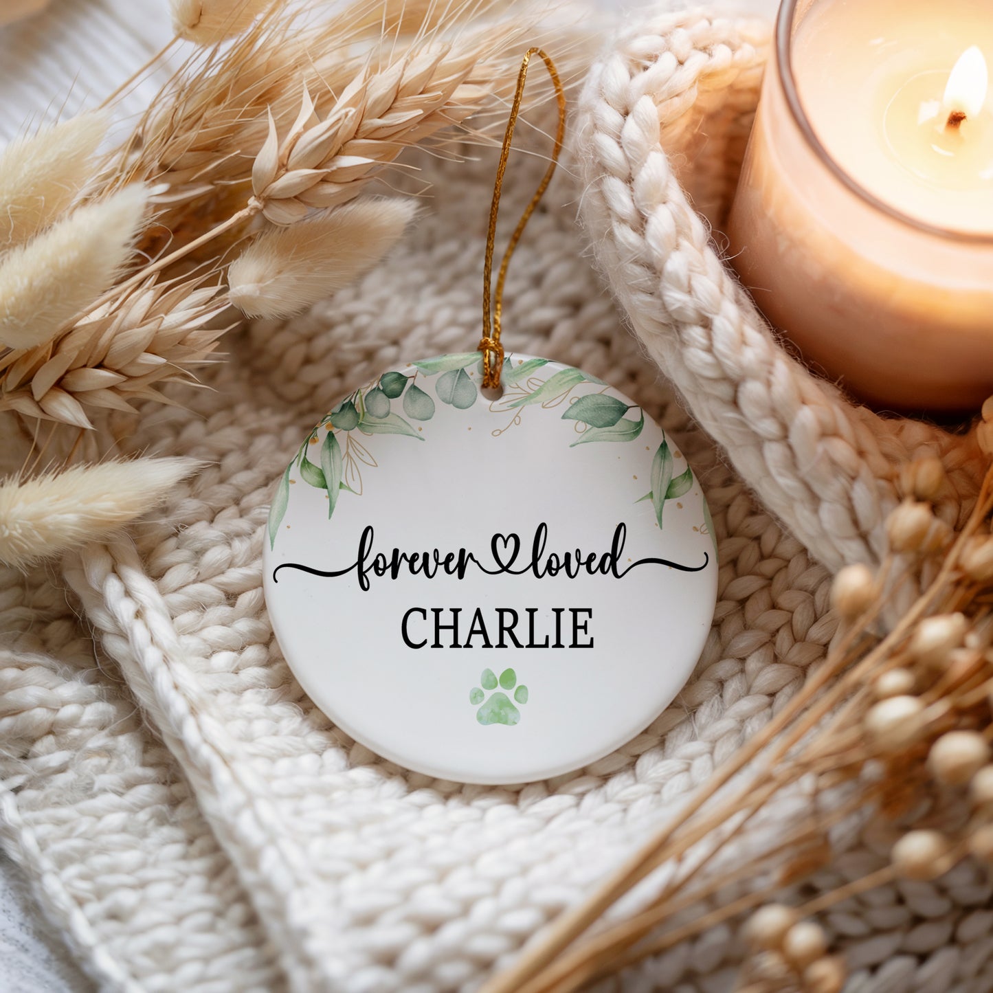 Forever Loved Dog Remembrance Ornament, Watercolor Paw Print Memorial Keepsake