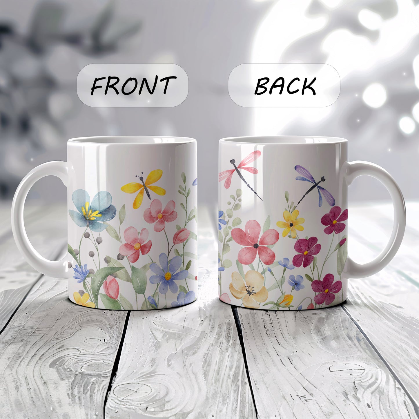Ceramic cup with colorful wildflowers and butterflies, perfect for nature lovers.