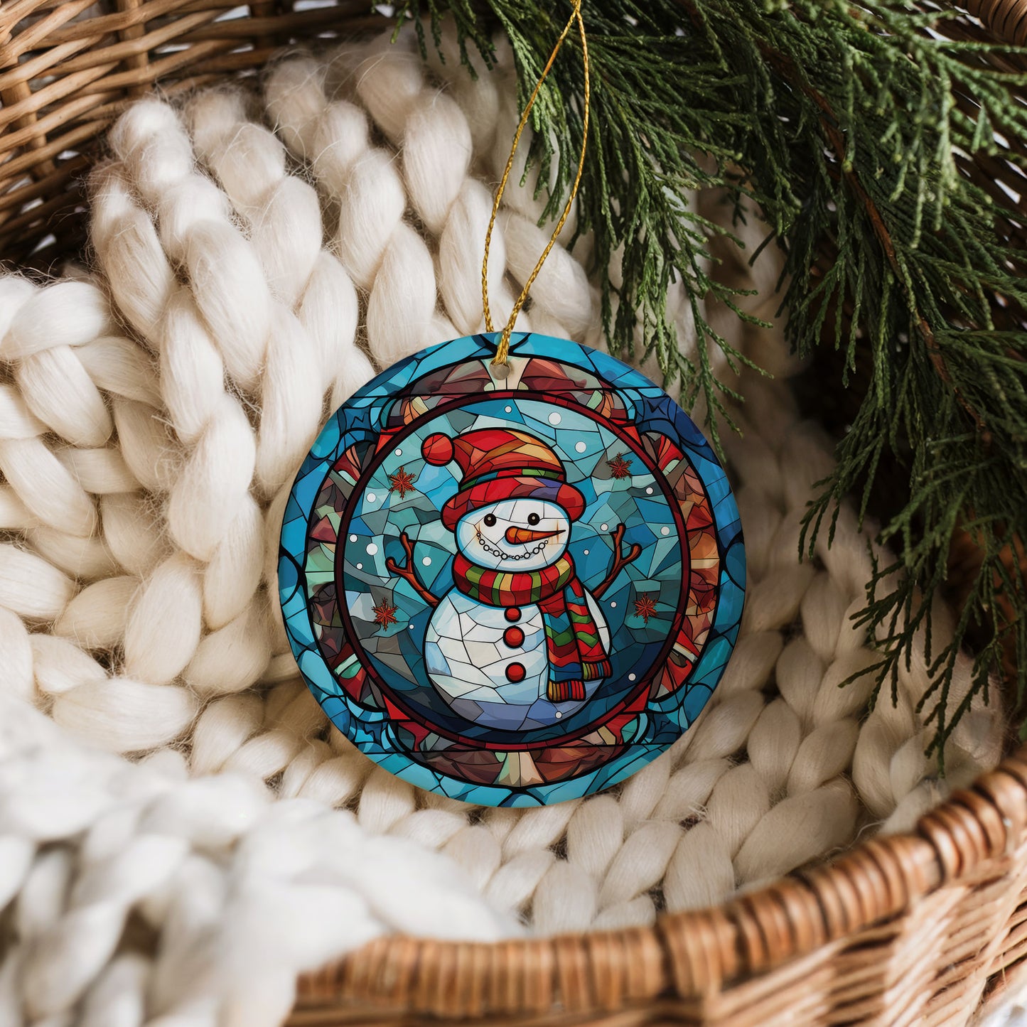 Snowman Themed Ceramic Ornament, Stained Glass Christmas Keepsake, Vibrant Design