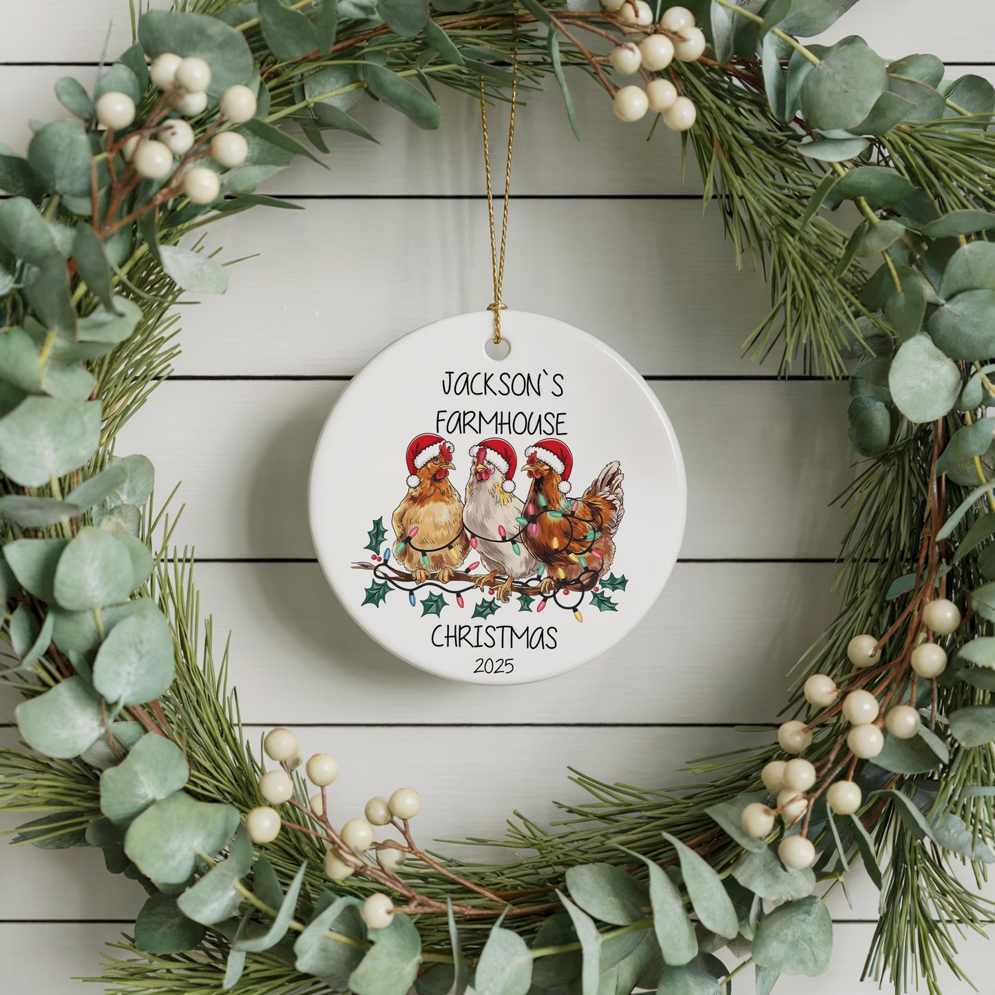 Personalize Your Tree with Ceramic Santa Hat Chickens Ornament