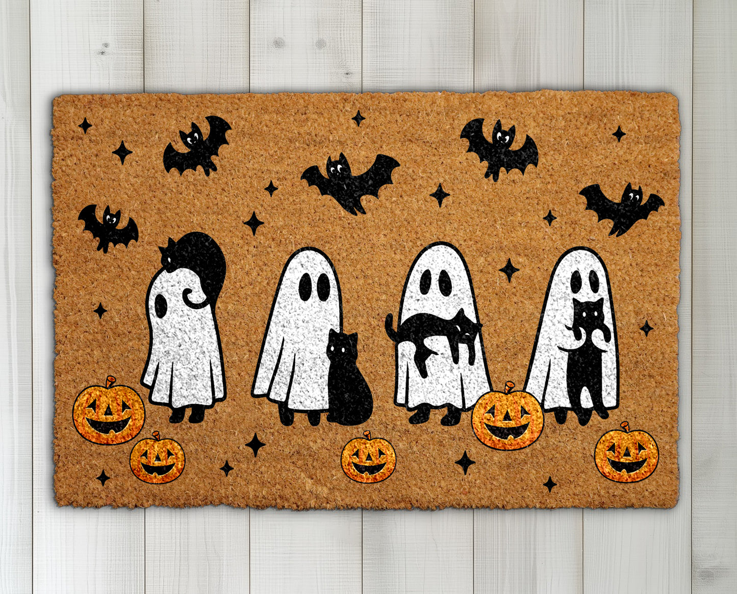 Cats & Bats Halloween Doormat, Spooky Cats, Cute Ghosts Welcome Mat