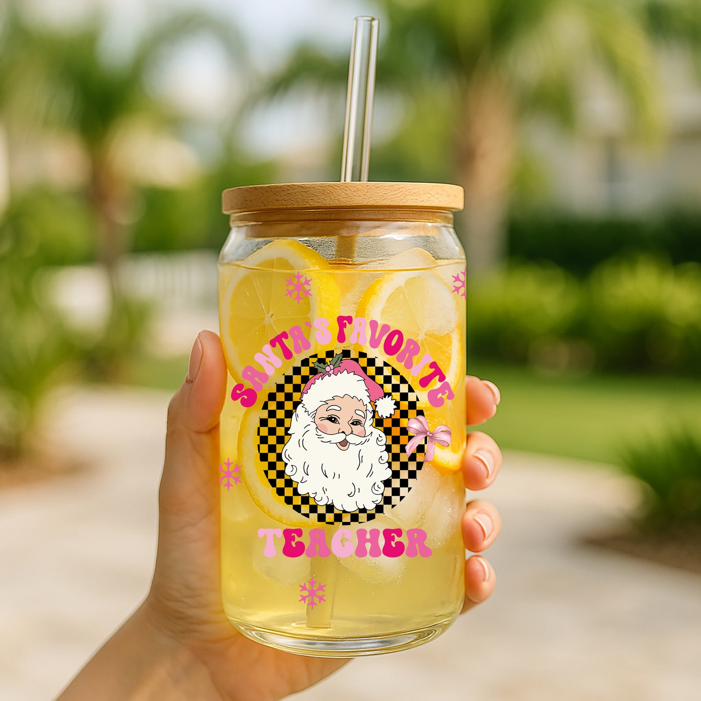 Checkered Santa's Favorite Teacher Tumbler, Christmas Appreciation Gift Bulk Option