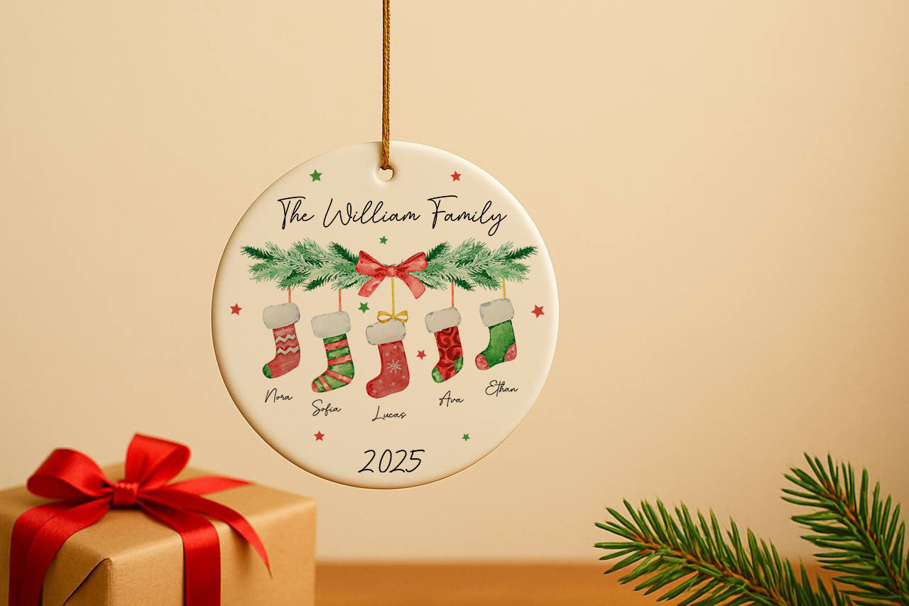 Personalized Family Christmas Ornament with Coquette Stockings, 2025 Decor