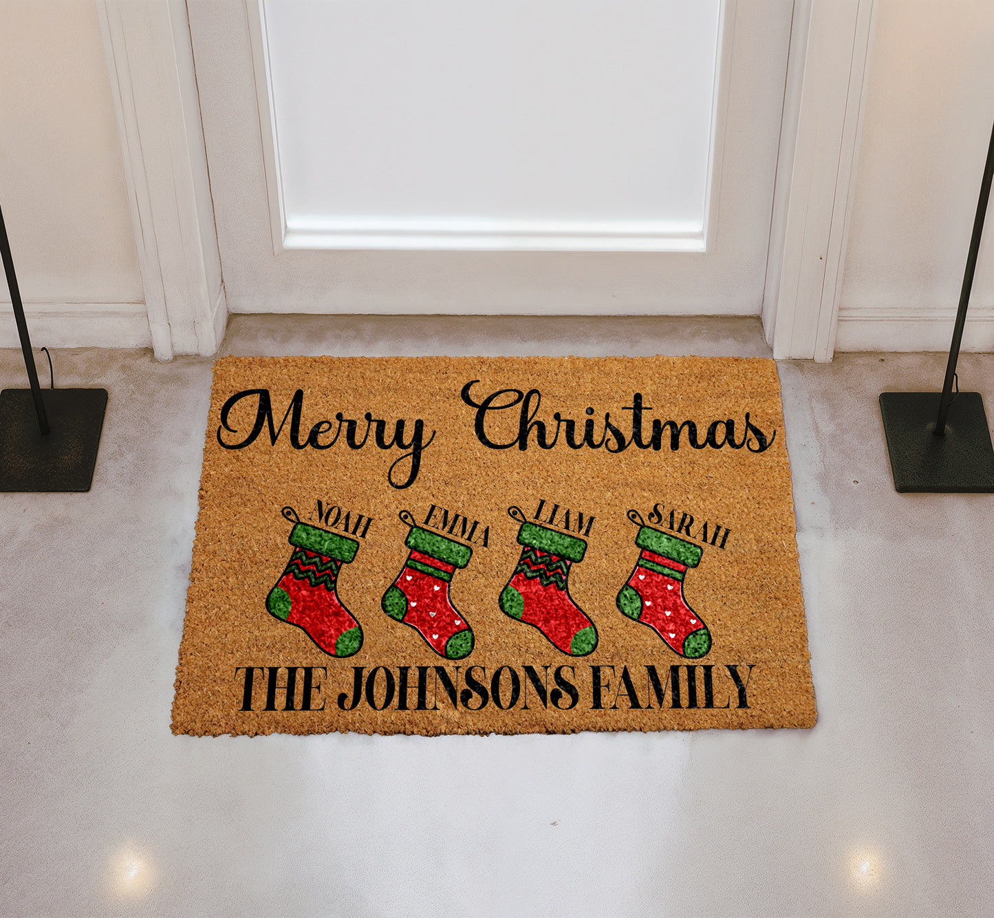 Custom Family Names Stocking Welcome Mat, Holiday Home Entrance Decor