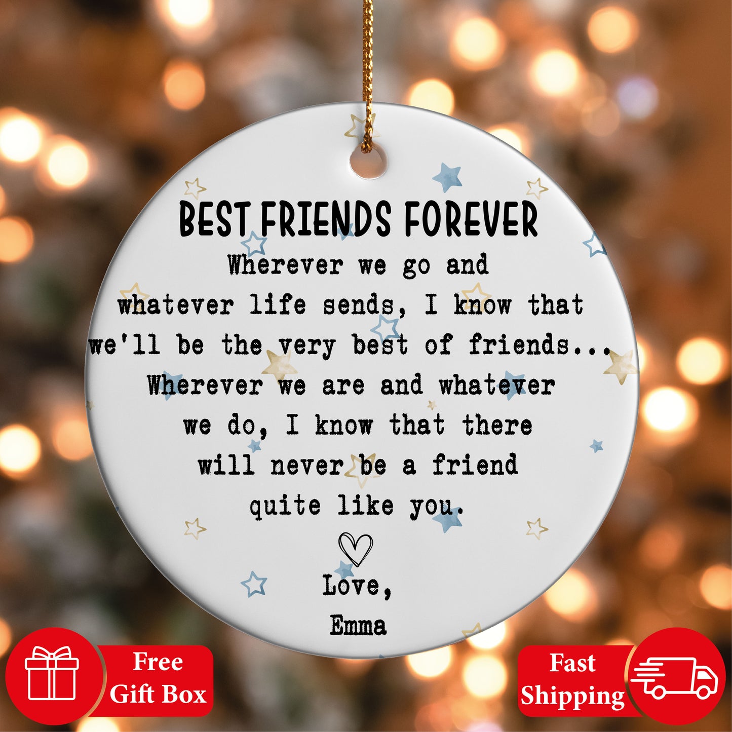 Personalized BFF Ceramic Ornament, Long Distance Best Friend Gift