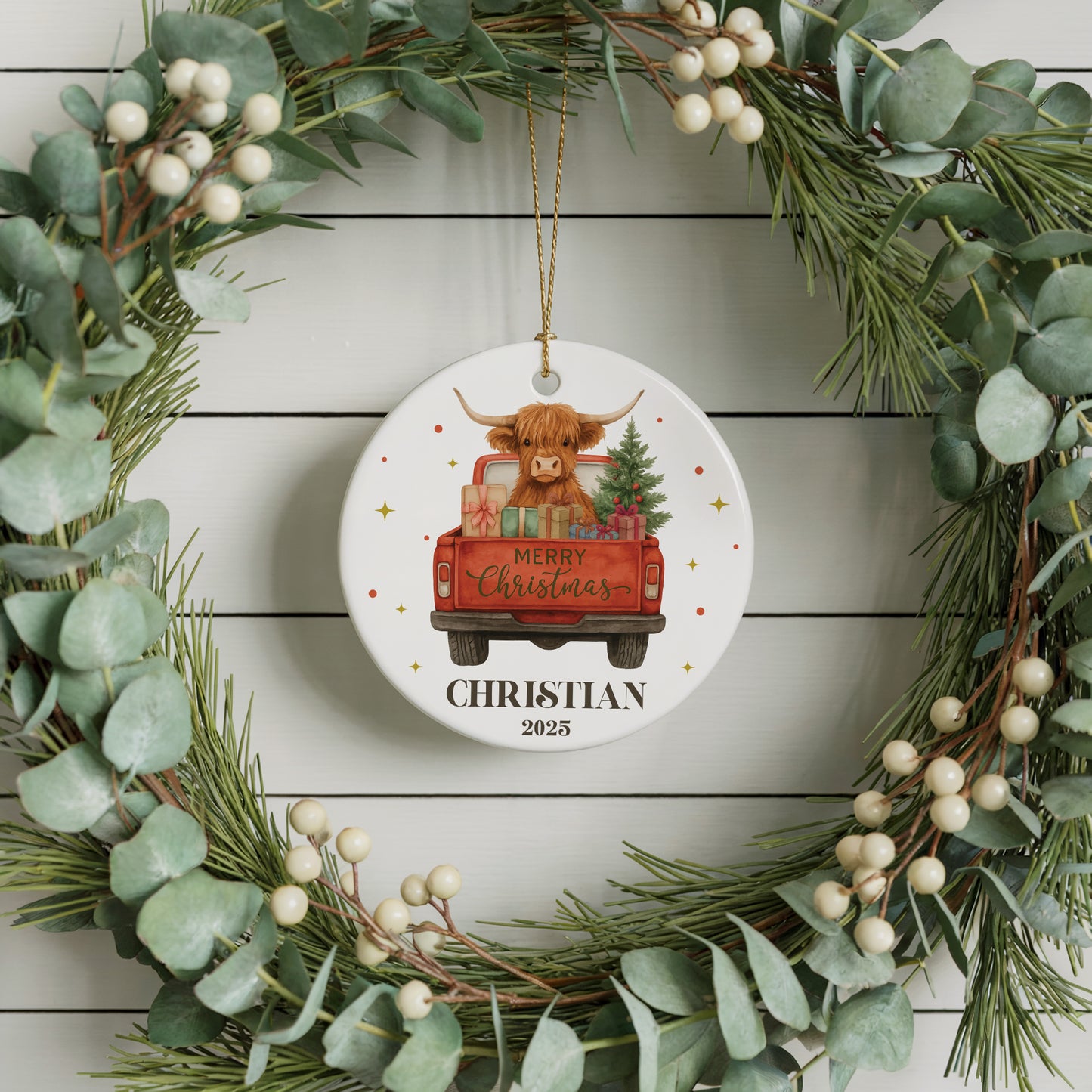 Country Farmhouse Red Truck Highland Cow Ceramic Ornament, Xmas Gift
