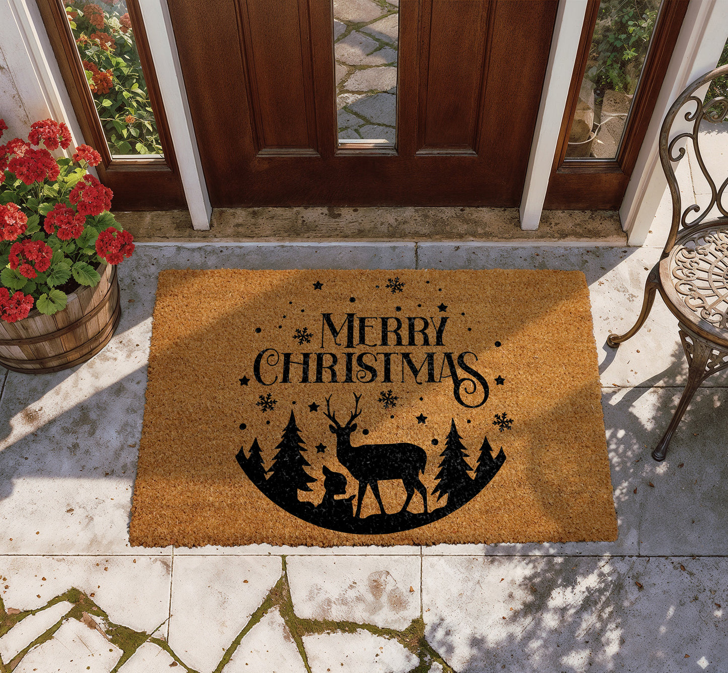 Festive Reindeer Doormat, Snowflakes Welcome Mat, Winter Wonderland Entrance Rug