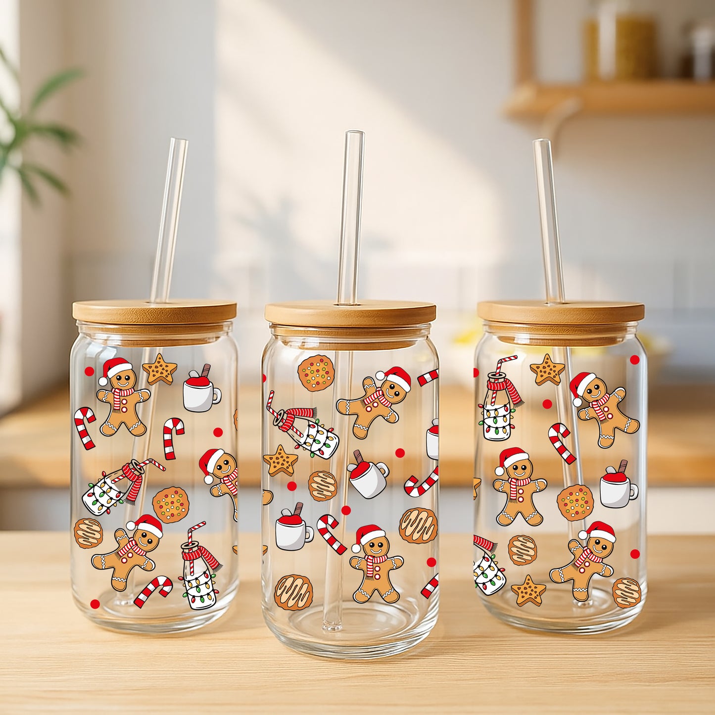 Cute Gingerbread Man Pattern Glass Tumbler, Adorable Christmas Cookie Design