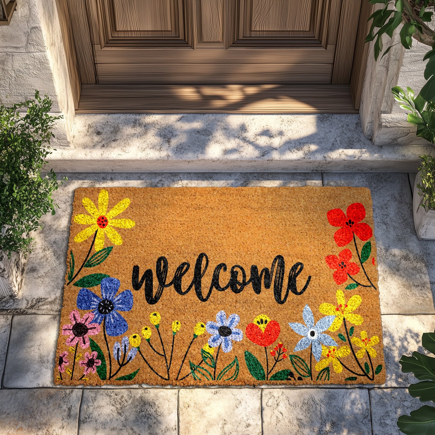 Vibrant Floral Welcome Doormat, Spring Garden Decor, Cute Housewarming Gift