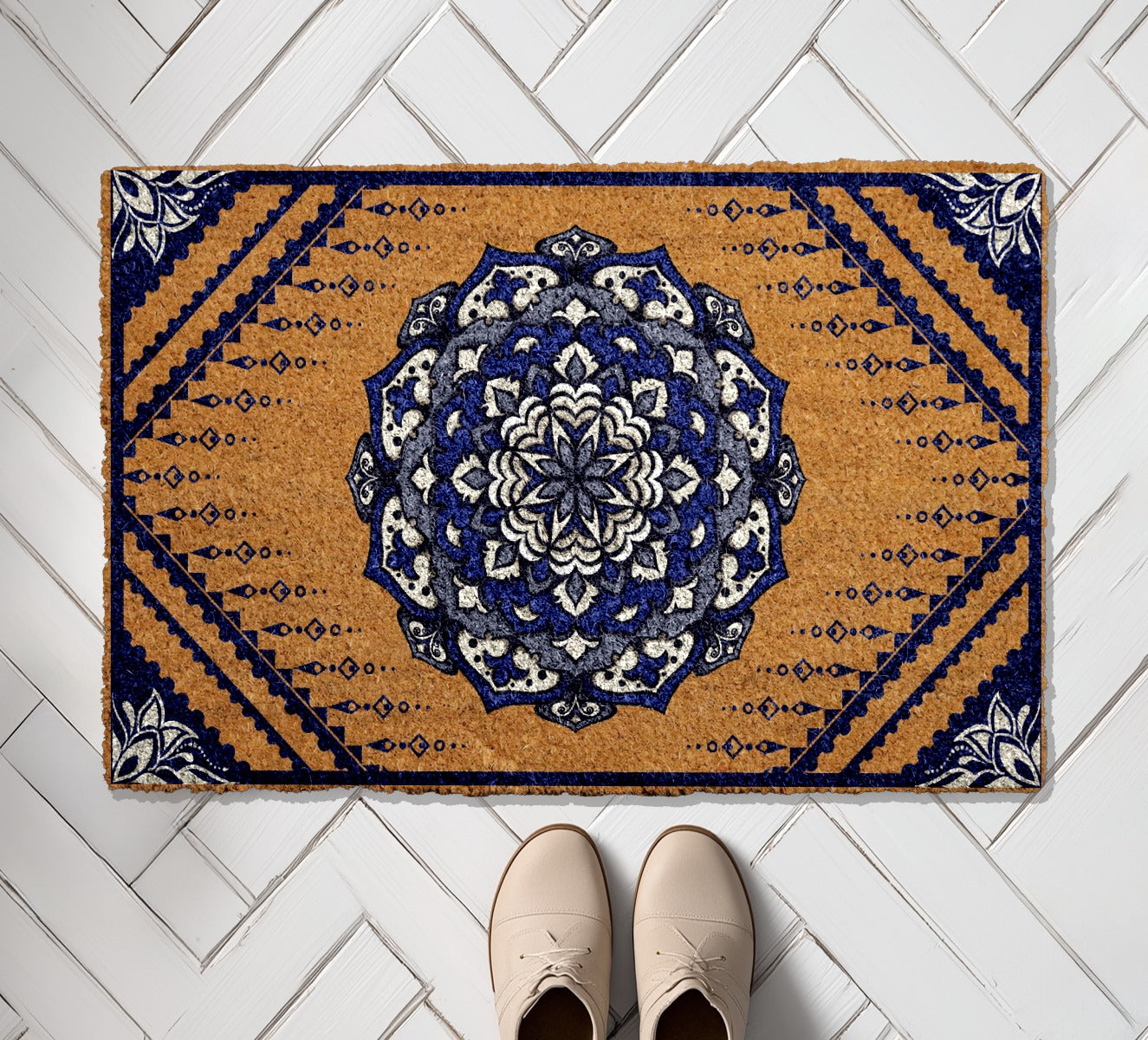 Bohemian Mandala Doormat: Ornate Floral Welcome Mat, Geometric Frontporch Rug
