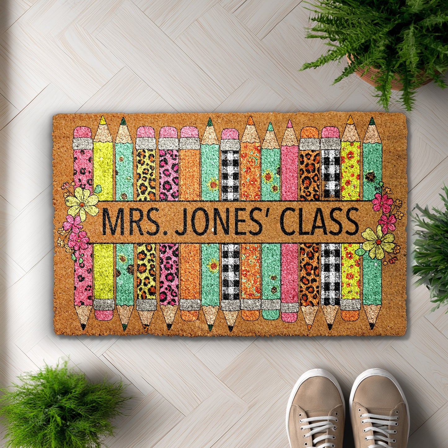 Personalized Teacher Doormat, Welcome Gift with Pencil Design
