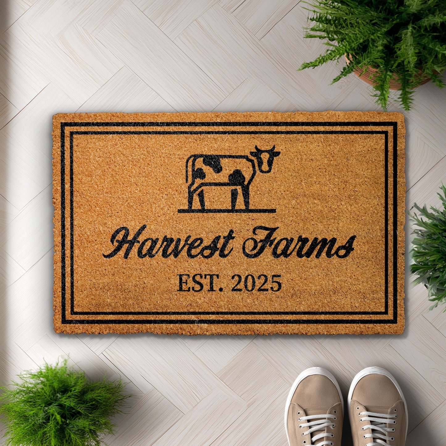 Custom Farmhouse Welcome Mat, Personalized for Cow Decor & Housewarming.