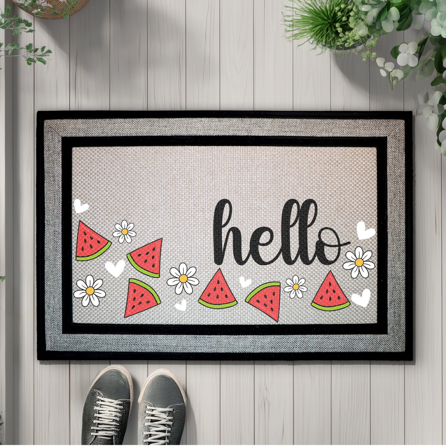 Summer Vibes Home Decor, Watermelon & Daisy Hello Doormat, Cheerful Entryway Mat