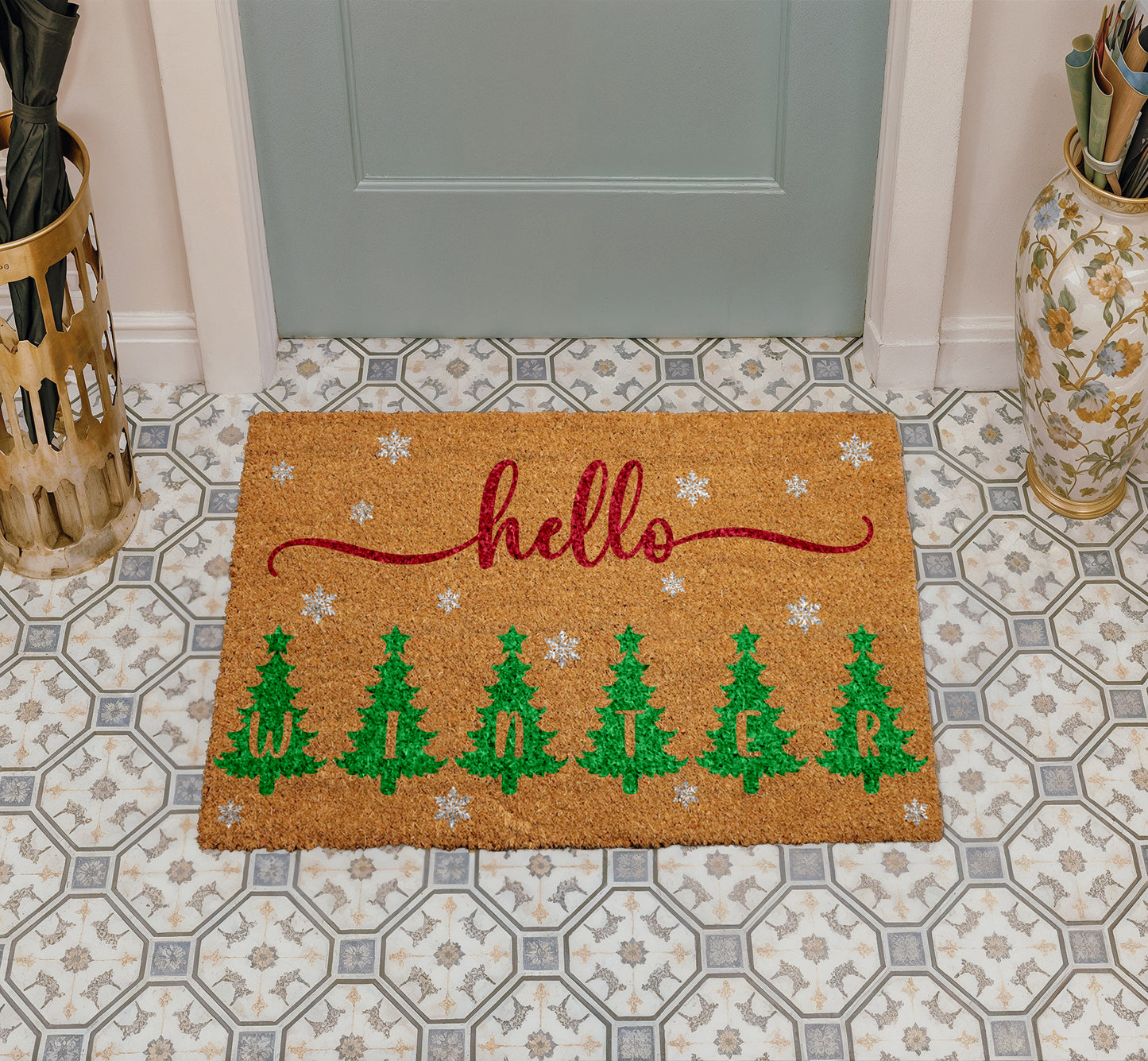 Snowflakes & Trees Welcome Mat, Festive Holiday Home Decor