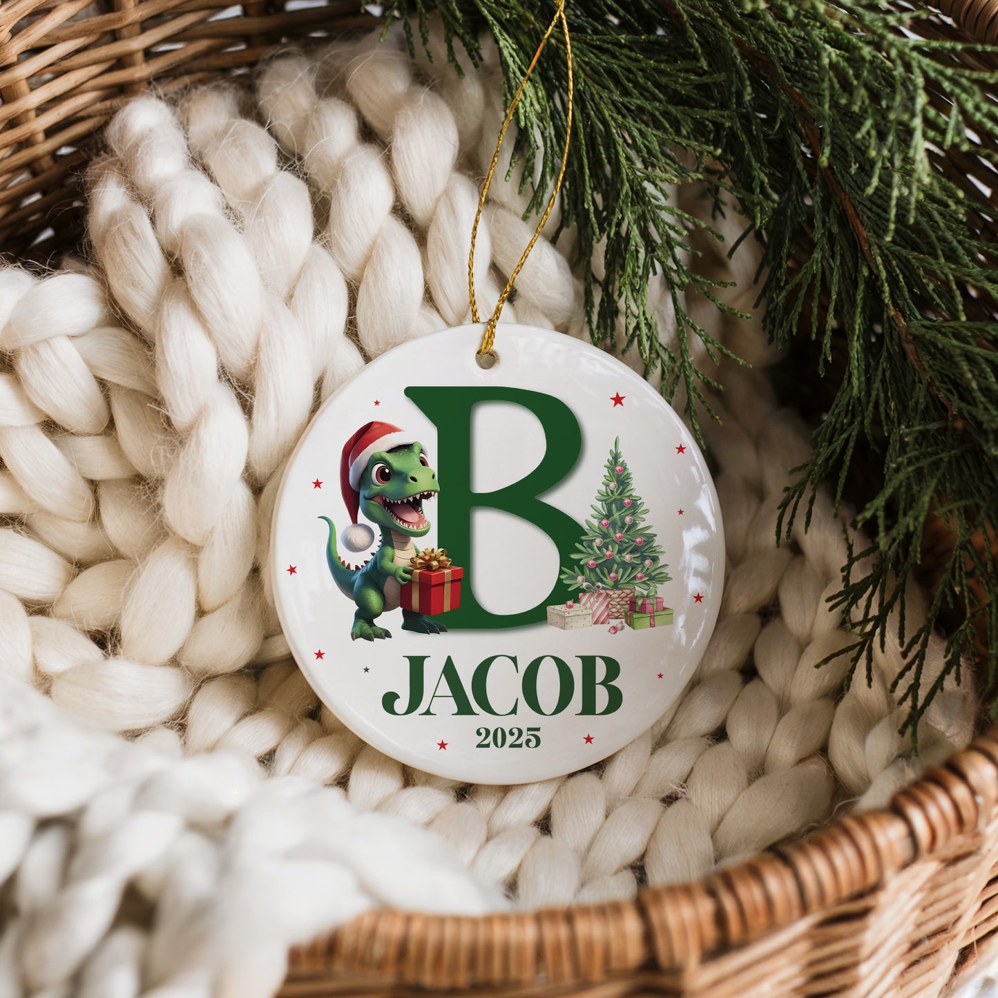 Personalized Dino Santa Ornament, Festive Ceramic Keepsake for Family Celebrations