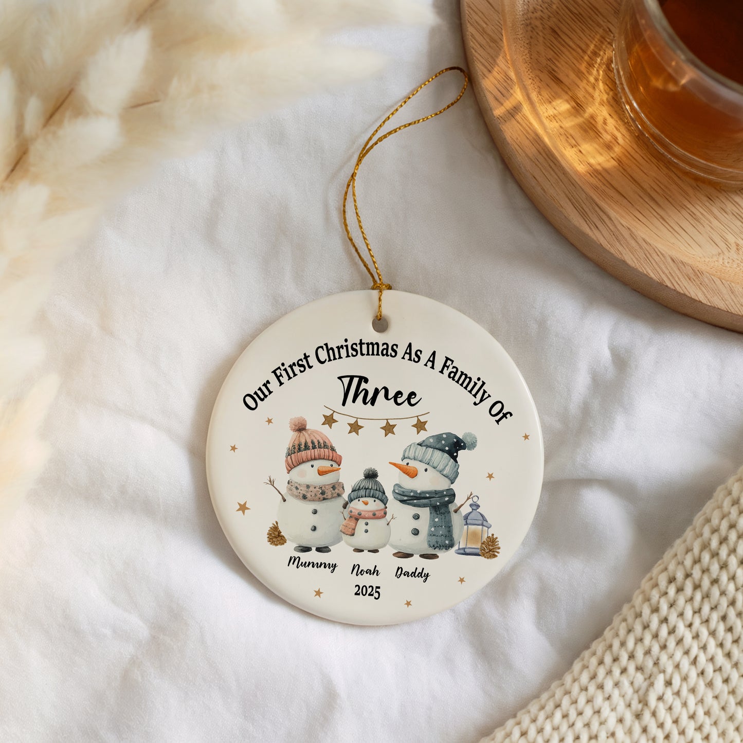 Snowmen Theme Family Xmas Ornament, Customizable Ceramic Keepsake Gift