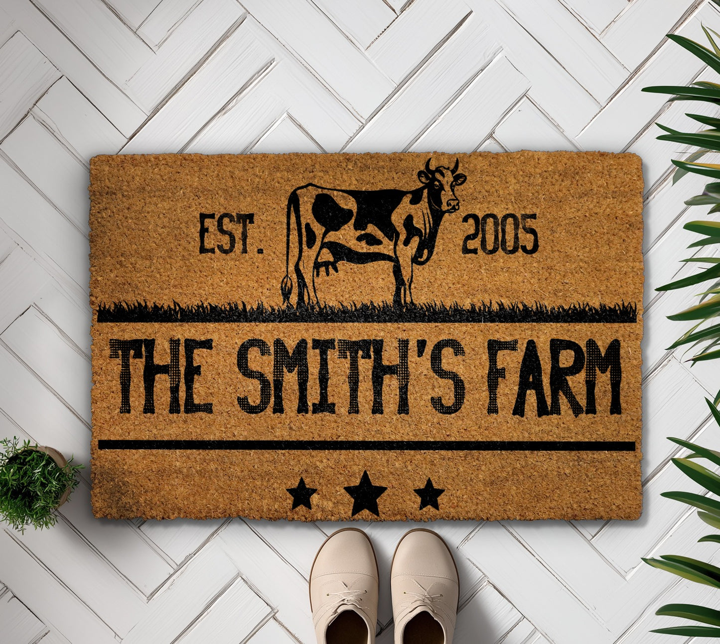 Custom Farmhouse Welcome Mat, Personalized Cow Farmer Gift, Ranch Decor