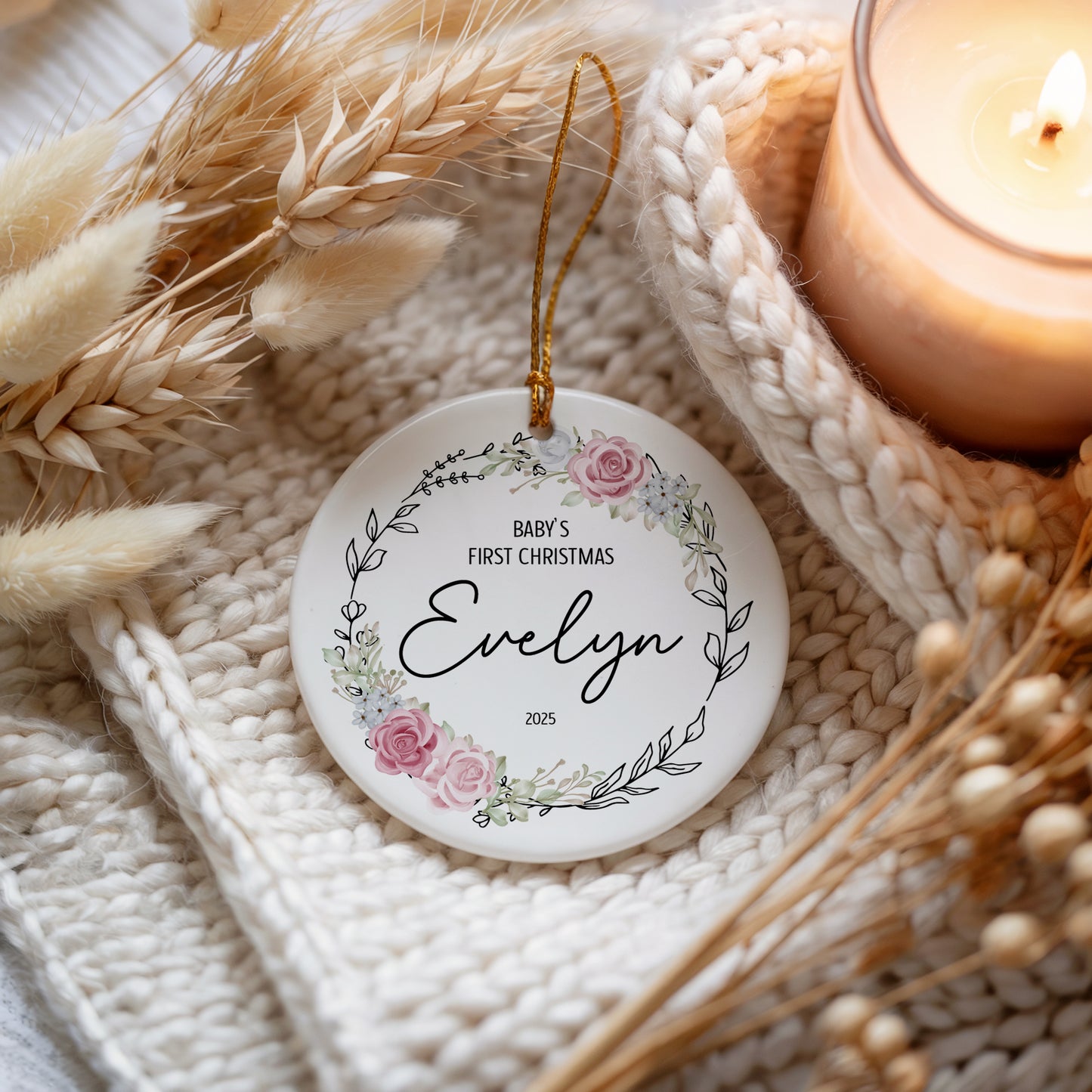 Rose Embroidered 1St Christmas Ornament, Customizable Baby's Keepsake Gift
