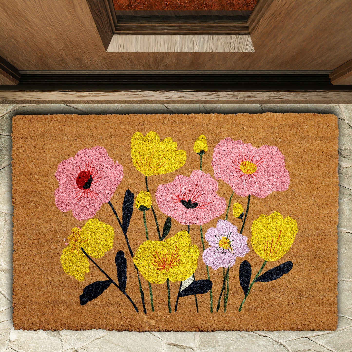 Vibrant Poppy Flower Doormat, a Floral Welcome for Garden Enthusiasts