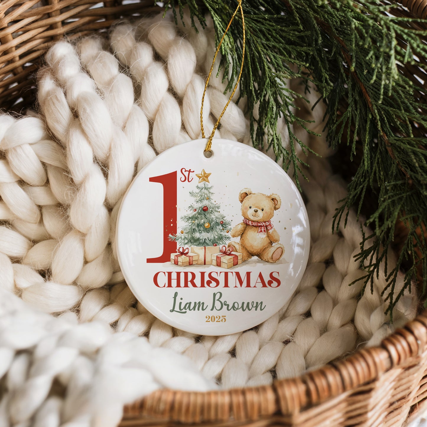 Celebrate Baby's 1st Christmas with Personalized Ceramic Ornament and Teddy.