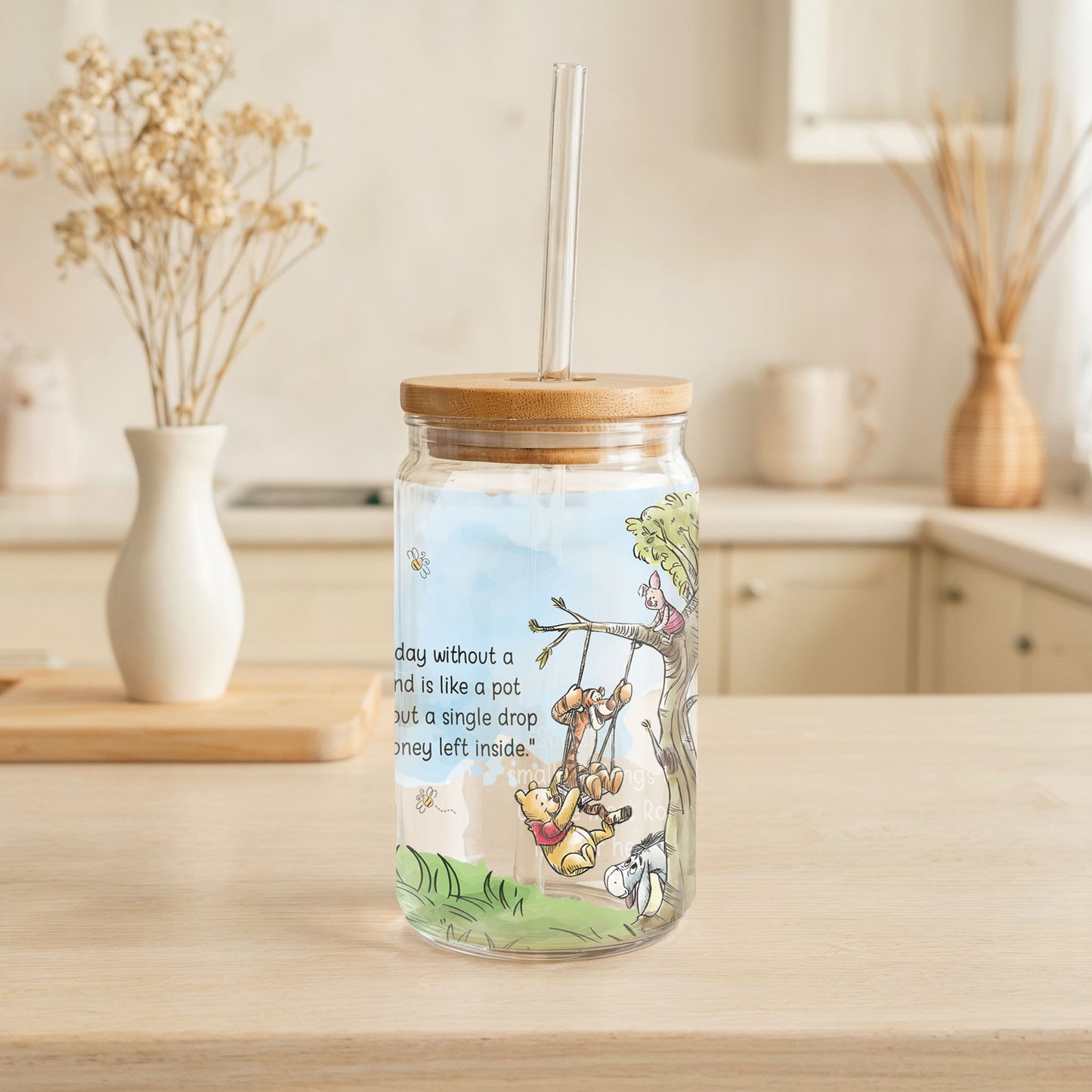 Winnie The Pooh Quotes Glass Can Tumbler, Retro Disneyland Iced Cup