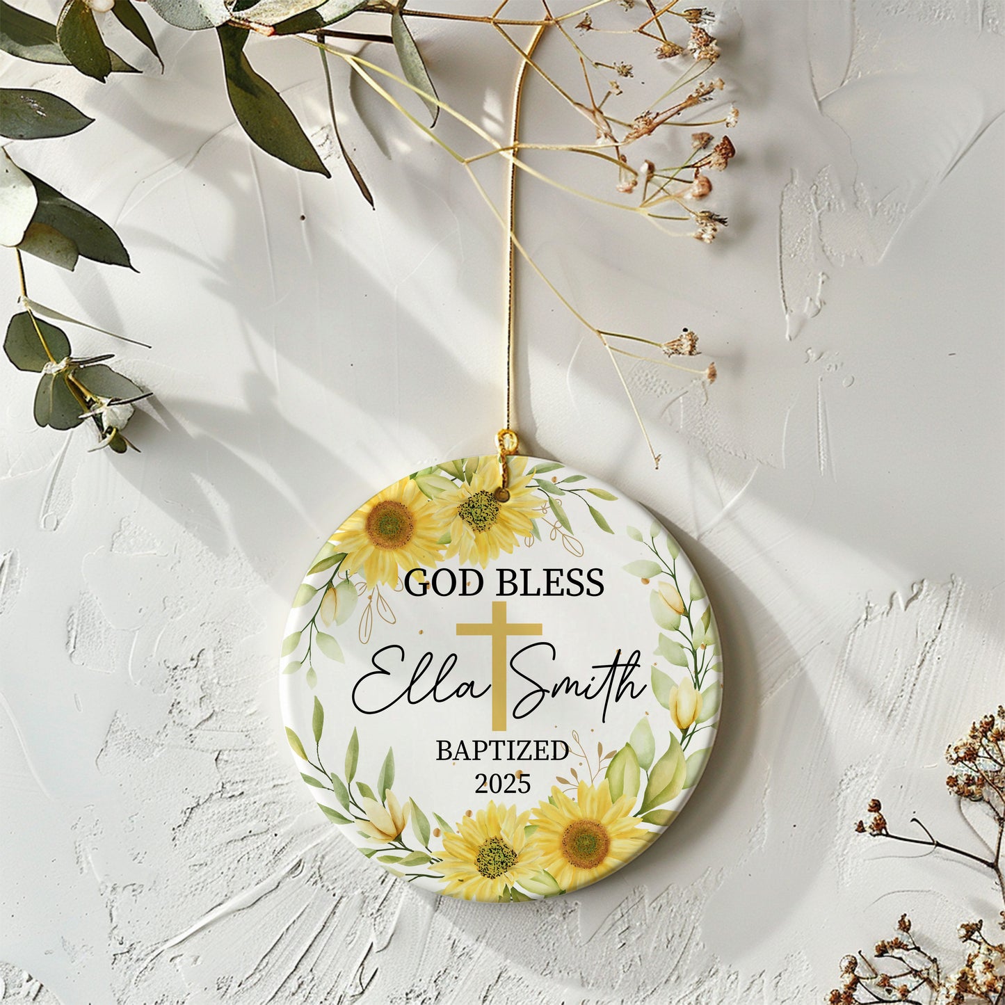 Custom Baptism Ornament, Personalized God Bless Gift, Sunflower Christening Keepsake
