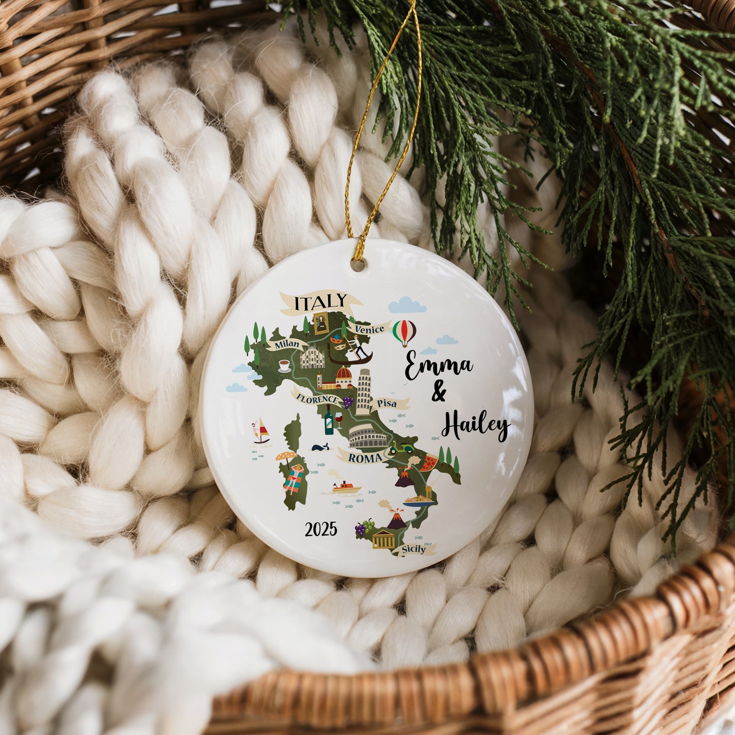 Personalized Italy Map Ornament, Europe Travel Souvenir, Couple Honeymoon Gift