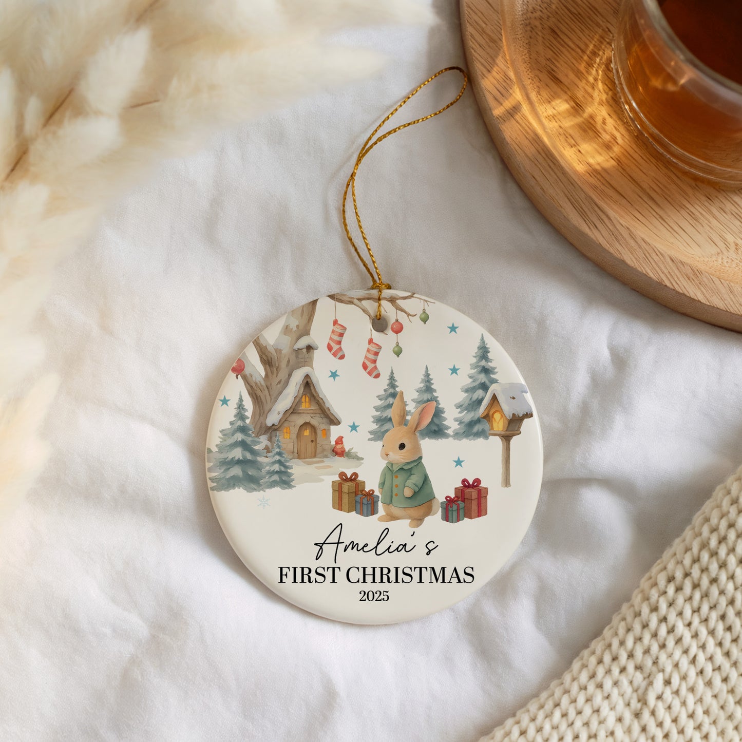 Personalized Bunny Baby's First Christmas Ornament, Ceramic Xmas Keepsake Gift