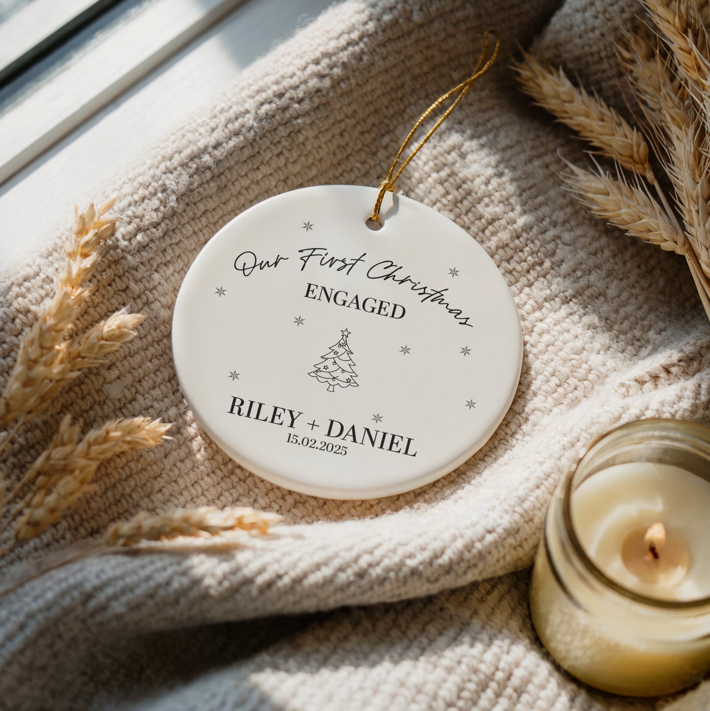 Personalize Your First Christmas Engaged Ceramic Ornament, Tree Design Keepsake