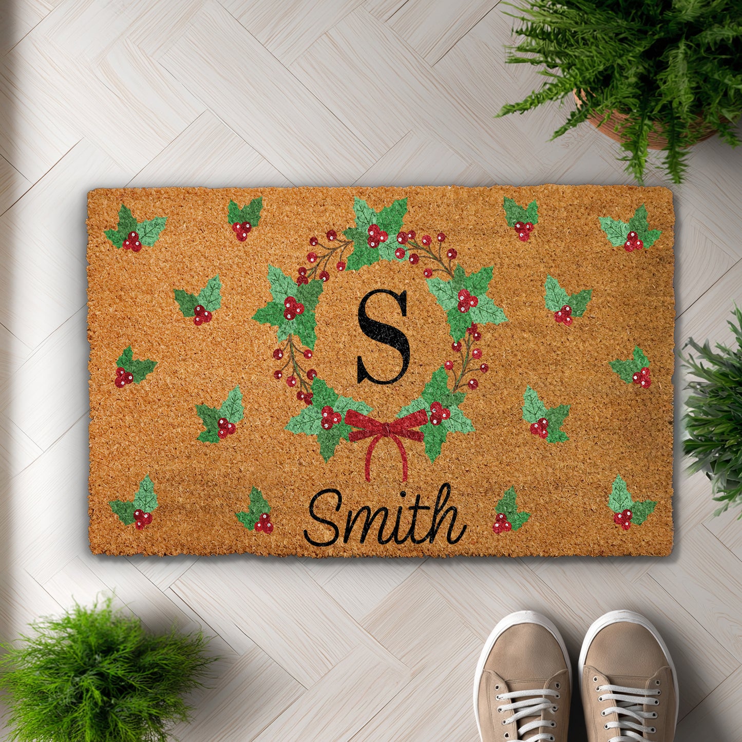 Festive Christmas Doormat with Custom Initial & Family Name