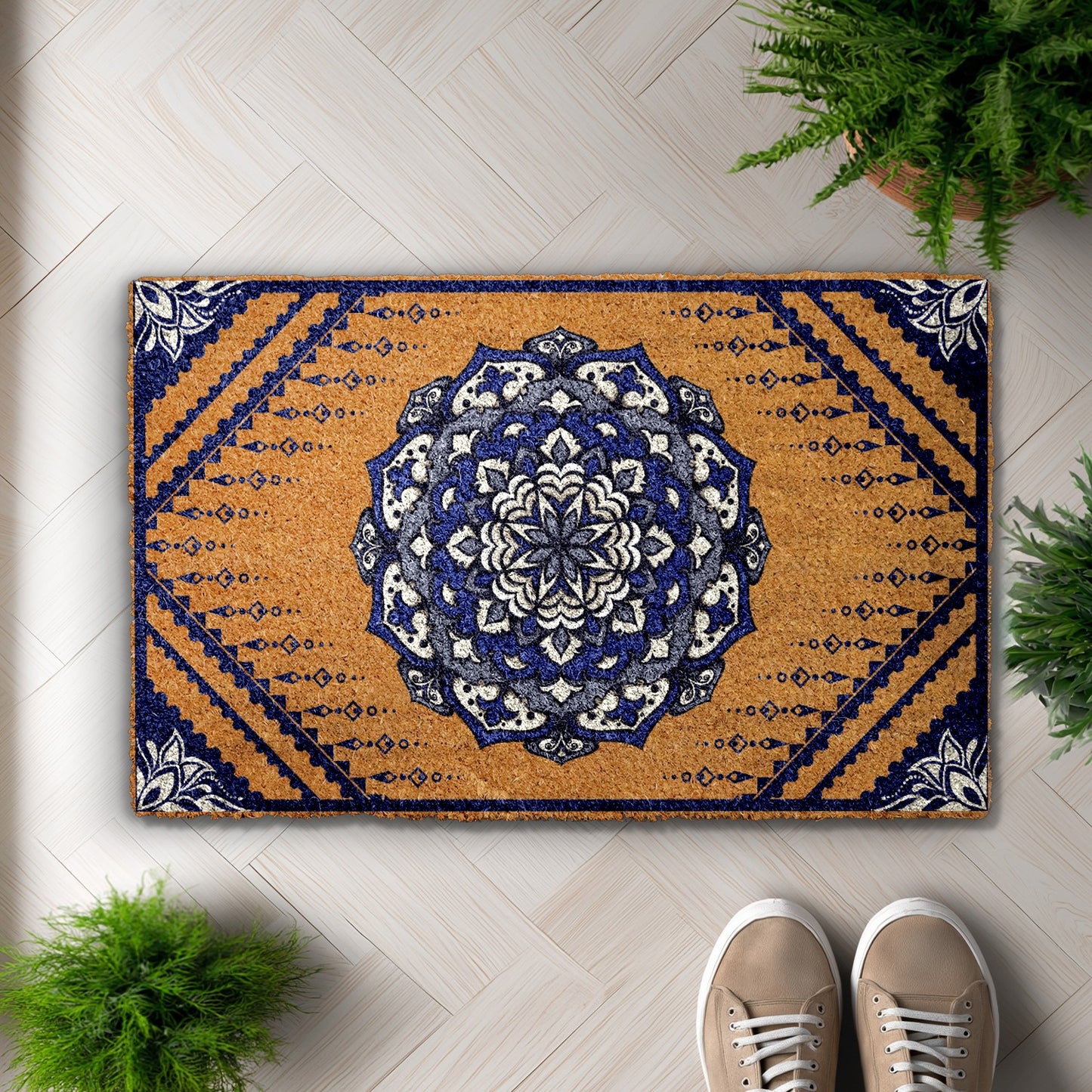 Bohemian Mandala Doormat: Ornate Floral Welcome Mat, Geometric Frontporch Rug