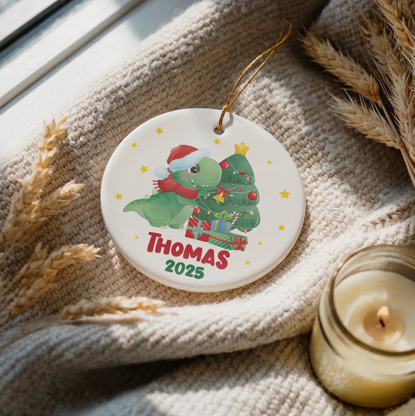 Personalized Dinosaur Baby Boy Christmas Ornament, Ceramic Hanging Tree Decor