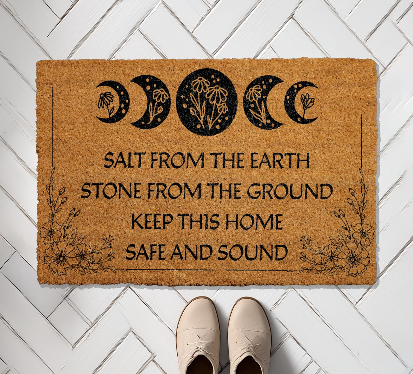 Witchy Welcome Mat, Floral Lunar Cycle Porch Rug for Home Protection