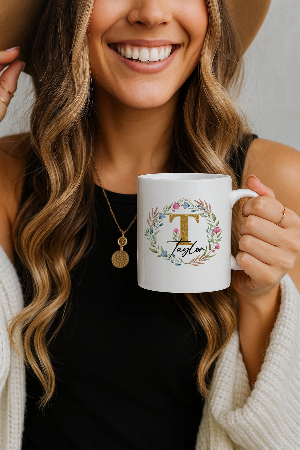 Floral Initial Pottery Cup, Personalized Name Coffee Mug, Elegant Tea Cup