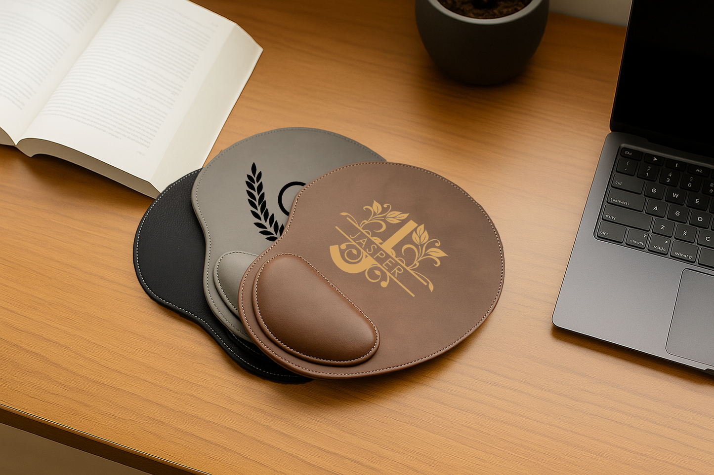 Custom Engraved Vegan Leather Mousepad with Wrist Support, Perfect Gift
