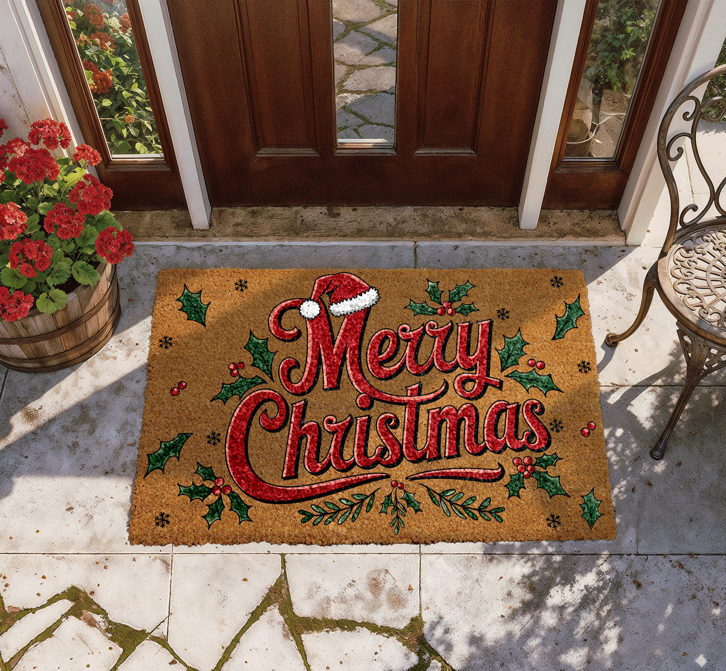 Cozy Winter Mat: Merry Christmas Doormat, Festive Santa Hat Design