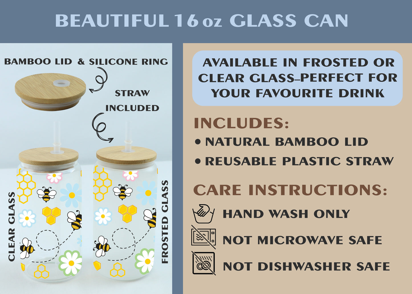 Bee-themed glass tumblers for stylish sips.